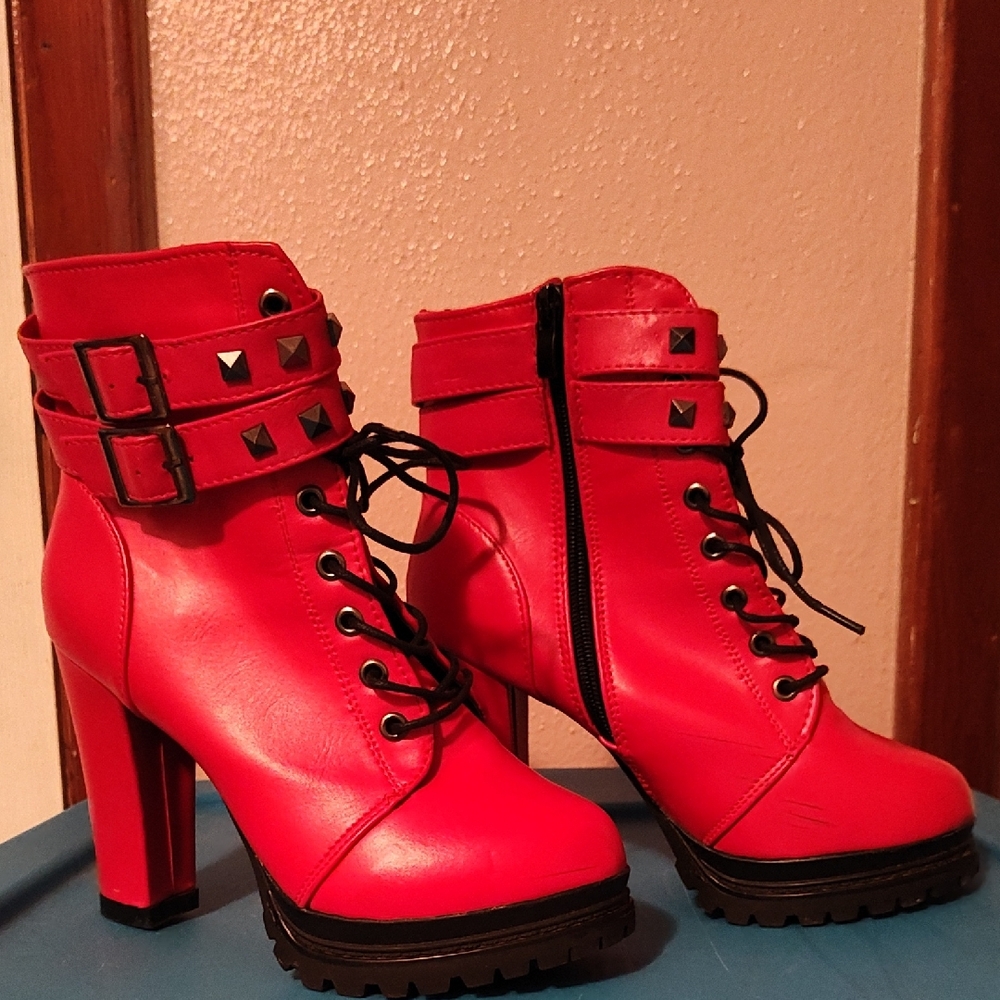 Red Women's Ankle Boots with Studded Straps